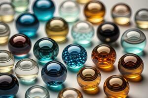 Colorful glass marbles on a the table. Selective focus. ai generative photo