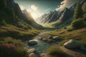 Beautiful fantasy landscape with a river in the mountains. ai generative photo