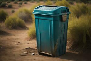 Garbage can on a colorful wall background, vintage color tone style. ai generative photo