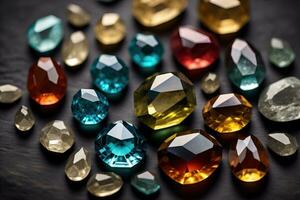 Colorful gemstones on black wooden table, close-up. ai generative photo