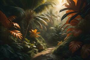 A pathway in tropical rainforest with palm trees and path in the mist. ai generative photo