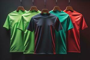 Colorful t-shirts in front of dark background. ai generative photo