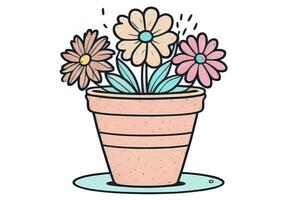 Illustration of a flowerpot with pink and blue flowers on a gray background. ai generative photo