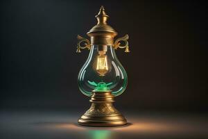 Lantern on a wooden table and a dark background. ai generative photo