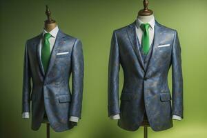 Stylish suits on mannequins on solid color background, closeup. ai generative photo