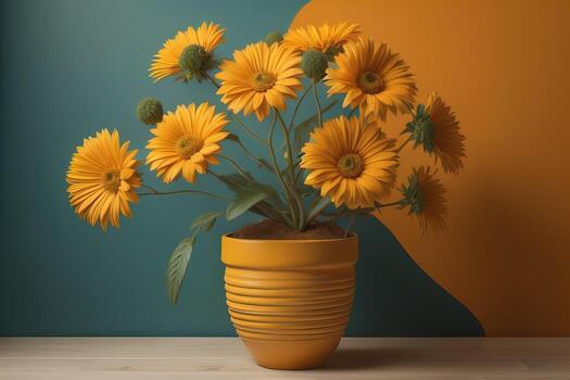 flores en un maceta en un sólido color antecedentes. ai generativo foto