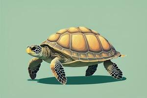 ilustración de un Tortuga en un verde antecedentes en dibujos animados estilo. ai generativo foto