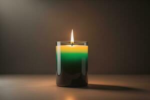 Burning aroma candle on wooden table against solid color background, copyspace. ai generative photo