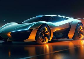 Futuristic black sports car in neon light. ai generative photo