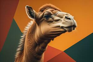 Camel head on solid color background, close up. Vintage style. ai generative photo