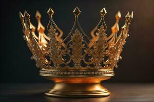 low key image of beautiful golden queen, king crown. ai generative photo