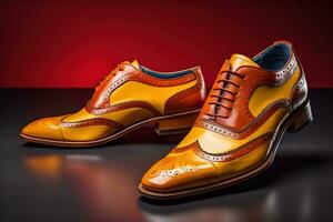 Men's shoes on a solid colour background. Studio shot. ai generative photo