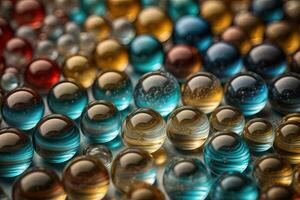 Colorful glass marbles on a the table. Selective focus. ai generative photo