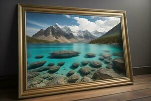 Glass picture frame on a solid color background. ai generative photo