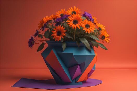 Flowers in a pot on a solid color background. ai generative photo