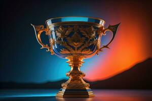 Golden trophy cup on wooden table. Award concept. ai generative photo
