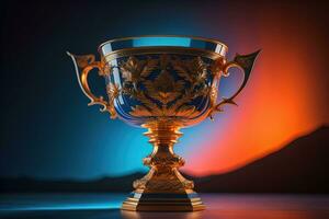 Golden trophy cup on wooden table. Award concept. ai generative photo