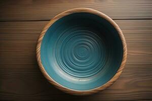 Empty wooden bowl on wooden background. Top view. Copy space. ai generative photo