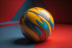 Colorful marble ball on a solid colour background. Close-up. ai generative photo