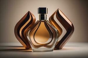 Creative and brandless Perfume bottle and flower on the wooden table, closeup. ai generative photo