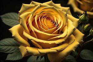 Beautiful yellow rose on black background, closeup. ai generative photo