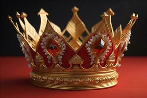 low key image of beautiful golden queen, king crown. ai generative photo