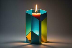 Burning aroma candle on wooden table against solid color background, copyspace. ai generative photo