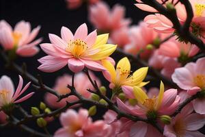 cherry blossom sakura flower on blue sky background, ai generative photo