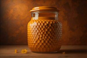 Jar of honey with solid colour background. ai generative photo