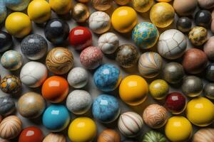 Colorful Variety of marbles as a background, top view, close up. ai generative photo