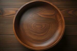 Empty wooden bowl on wooden background. Top view. Copy space. ai generative photo