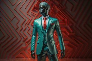 Stylish suits on mannequins on solid color background, closeup. ai generative photo
