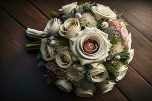 Beautiful bridal bouquet of different flowers on a dark background. ai generative photo