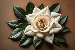 White rose with green leaves on a solid color background, top view. ai generative photo