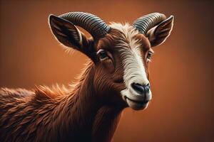 Head of a goat with big horns. ai generative photo