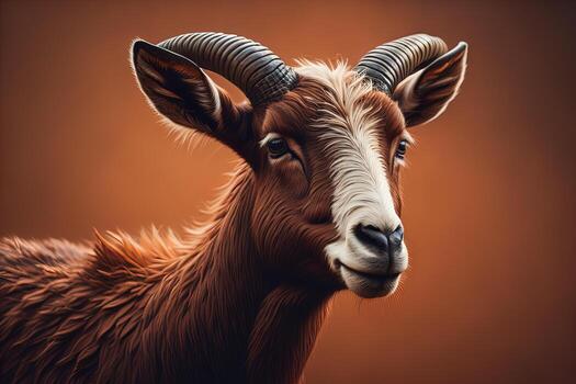 Head of a goat with big horns. ai generative photo