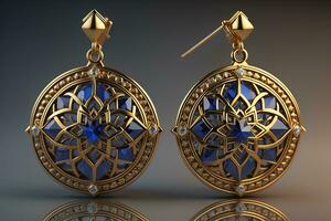 Earrings made of gold on a solid color background close up. ai generative photo