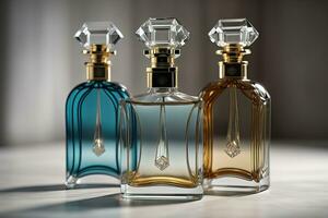 Creative and brandless Perfume bottle and flower on the wooden table, closeup. ai generative photo