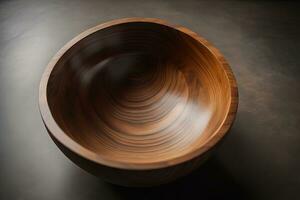 Empty wooden bowl on wooden background. Top view. Copy space. ai generative photo