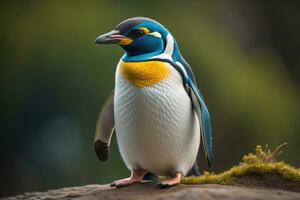 Cute penguin standing in front of solid color background. ai generative photo