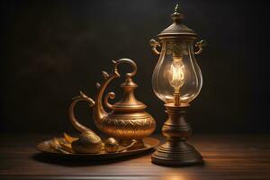 Lantern on a wooden table and a dark background. ai generative photo