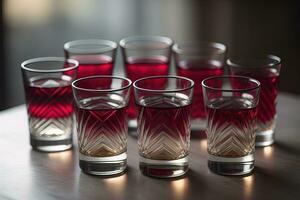 Glasses of whiskey on a wooden table in a pub or restaurant. ai generative photo