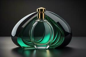 Creative and brandless Perfume bottle and flower on the wooden table, closeup. ai generative photo