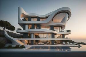 modern cozy house with pool and parking, luxurious style and beautiful landscaping on background. ai generative photo