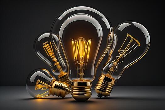 Glowing glass light bulb on dark background. ai generative photo