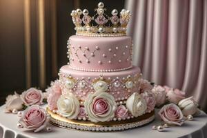Wedding cake decorated with pink roses and gold crown on the table. ai generative photo
