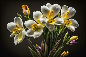 ramo de flores de azafrán y tulipanes en sólido color antecedentes. ai generativo foto