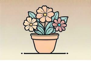 Illustration of a flowerpot with pink and blue flowers on a gray background. ai generative photo