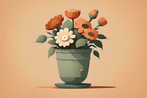 Flowerpot with daisies. Vector illustration in retro style. ai generative photo