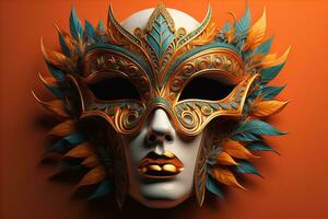 Venetian carnival mask with golden ornament on a solid color background. ai generative photo